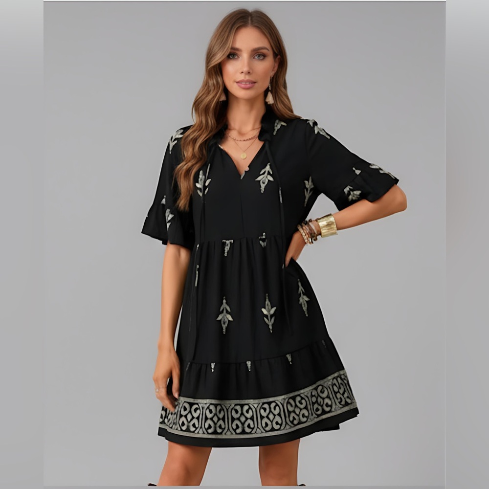 Boho Print Notched Neckline Mini Dress Black